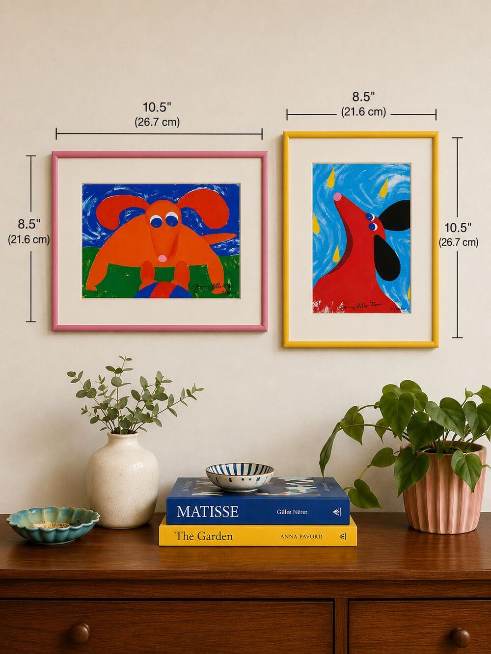 Jenny Albritton Framed Dog Art Print Set of 2 Signed Numbered Pink Yellow Frames